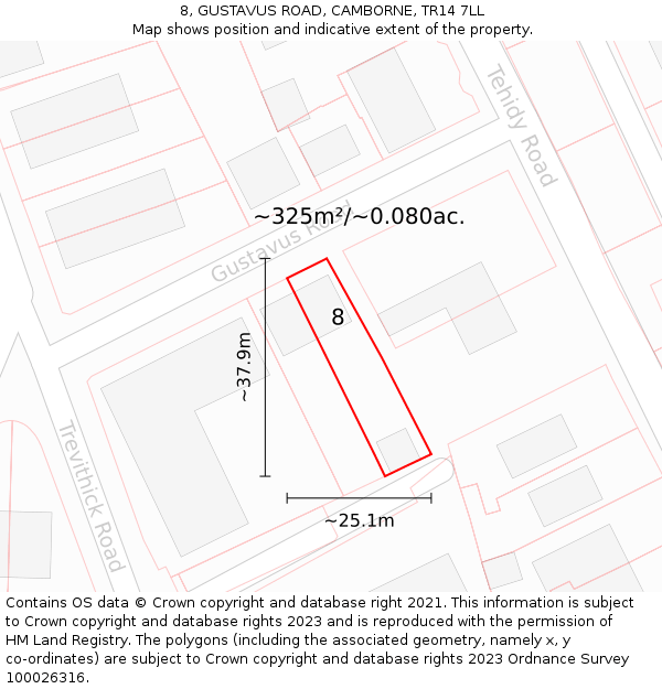 8, GUSTAVUS ROAD, CAMBORNE, TR14 7LL: Plot and title map