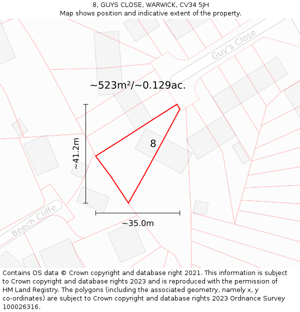 8, GUYS CLOSE, WARWICK, CV34 5JH: Plot and title map