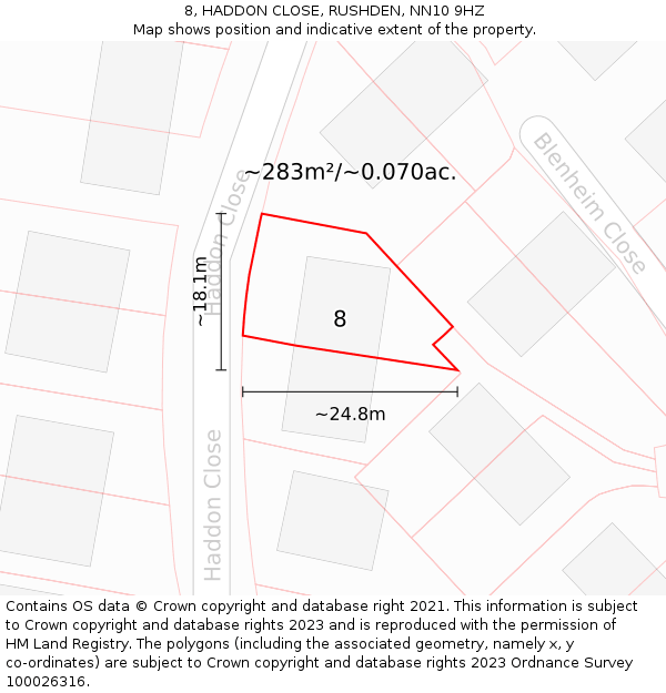 8, HADDON CLOSE, RUSHDEN, NN10 9HZ: Plot and title map