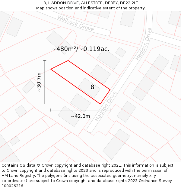 8, HADDON DRIVE, ALLESTREE, DERBY, DE22 2LT: Plot and title map
