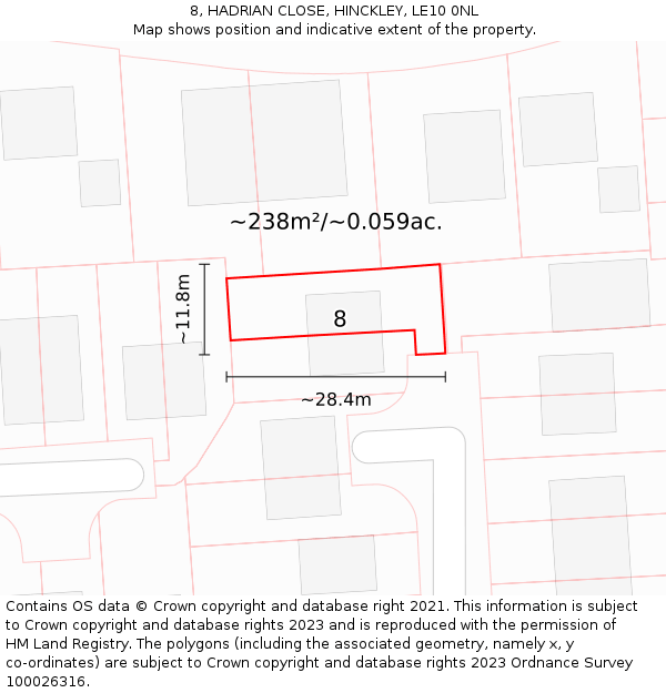 8, HADRIAN CLOSE, HINCKLEY, LE10 0NL: Plot and title map