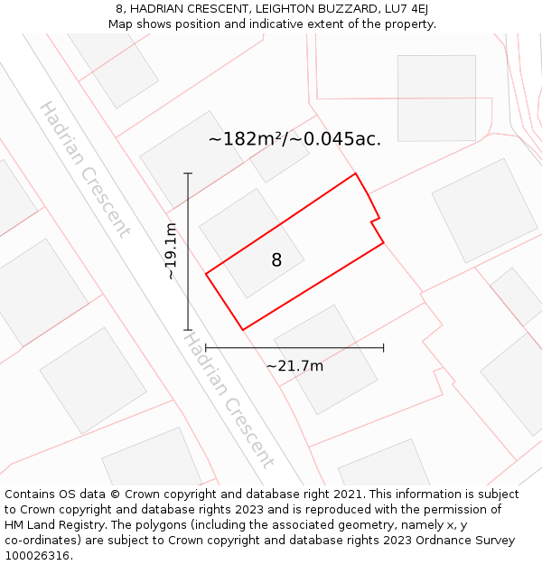 8, HADRIAN CRESCENT, LEIGHTON BUZZARD, LU7 4EJ: Plot and title map