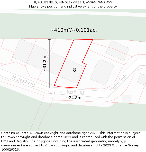 8, HALESFIELD, HINDLEY GREEN, WIGAN, WN2 4XX: Plot and title map