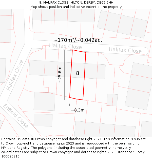 8, HALIFAX CLOSE, HILTON, DERBY, DE65 5HH: Plot and title map