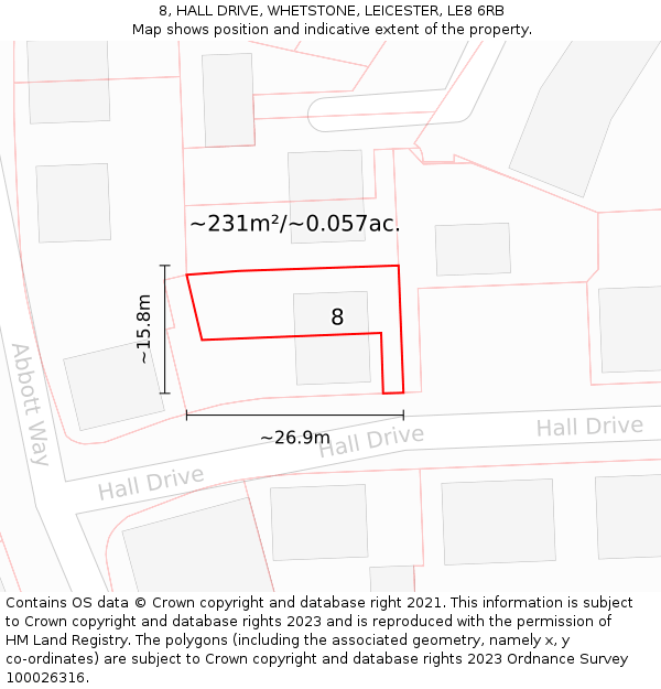 8, HALL DRIVE, WHETSTONE, LEICESTER, LE8 6RB: Plot and title map
