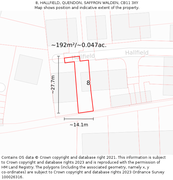 8, HALLFIELD, QUENDON, SAFFRON WALDEN, CB11 3XY: Plot and title map