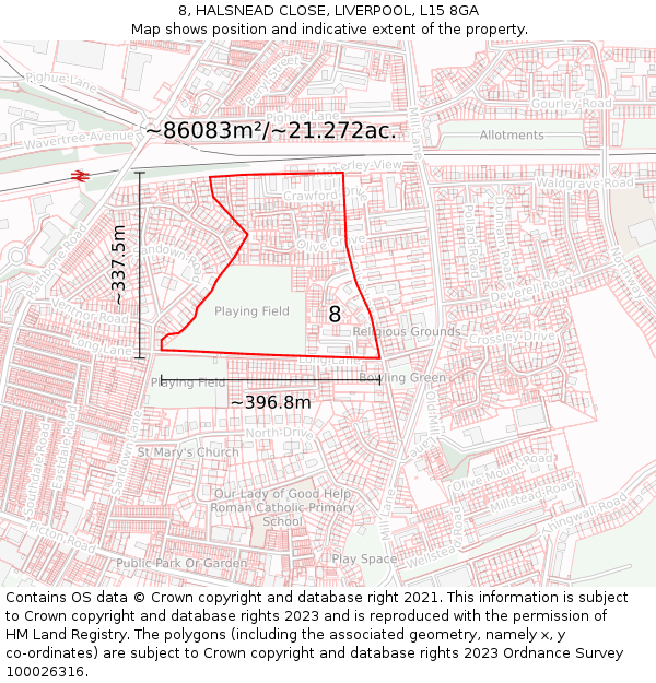 8, HALSNEAD CLOSE, LIVERPOOL, L15 8GA: Plot and title map