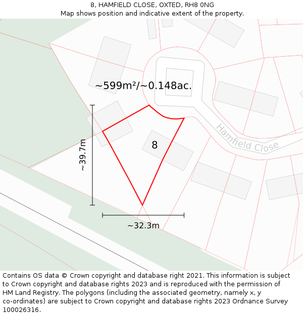 8, HAMFIELD CLOSE, OXTED, RH8 0NG: Plot and title map