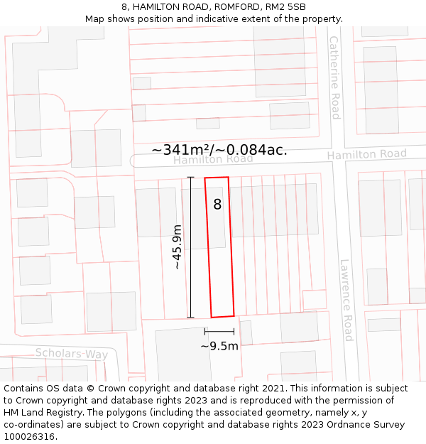 8, HAMILTON ROAD, ROMFORD, RM2 5SB: Plot and title map