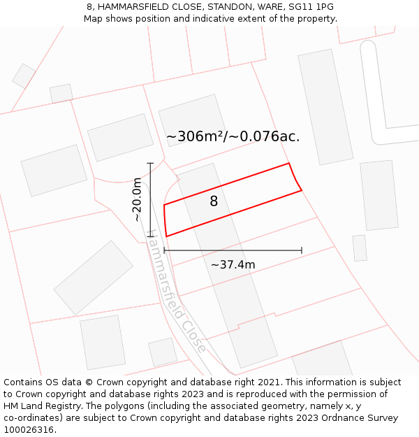 8, HAMMARSFIELD CLOSE, STANDON, WARE, SG11 1PG: Plot and title map