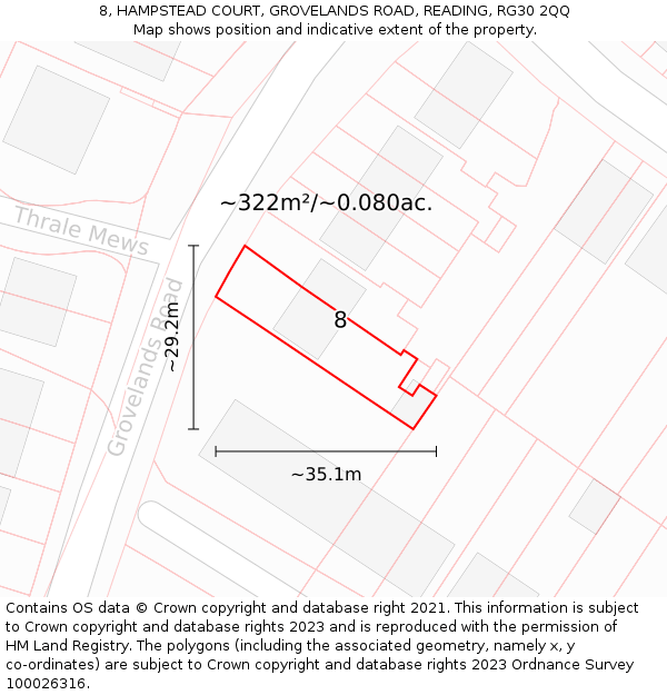 8, HAMPSTEAD COURT, GROVELANDS ROAD, READING, RG30 2QQ: Plot and title map