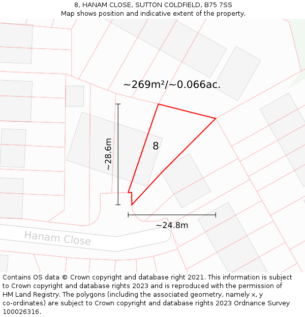 8, HANAM CLOSE, SUTTON COLDFIELD, B75 7SS: Plot and title map