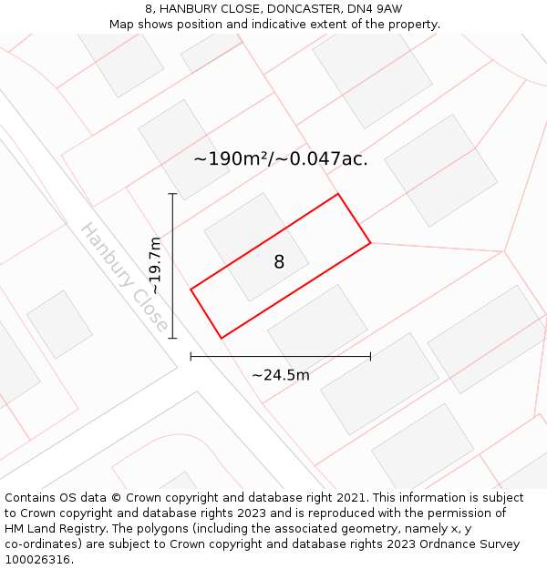 8, HANBURY CLOSE, DONCASTER, DN4 9AW: Plot and title map