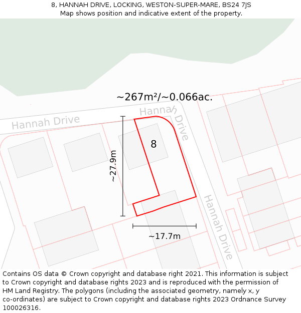 8, HANNAH DRIVE, LOCKING, WESTON-SUPER-MARE, BS24 7JS: Plot and title map