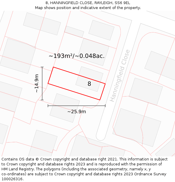8, HANNINGFIELD CLOSE, RAYLEIGH, SS6 9EL: Plot and title map