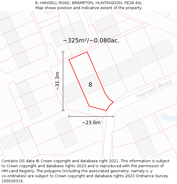 8, HANSELL ROAD, BRAMPTON, HUNTINGDON, PE28 4SL: Plot and title map