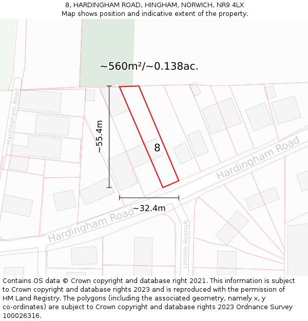 8, HARDINGHAM ROAD, HINGHAM, NORWICH, NR9 4LX: Plot and title map