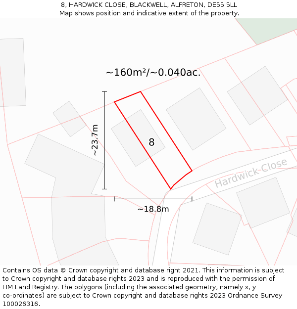 8, HARDWICK CLOSE, BLACKWELL, ALFRETON, DE55 5LL: Plot and title map