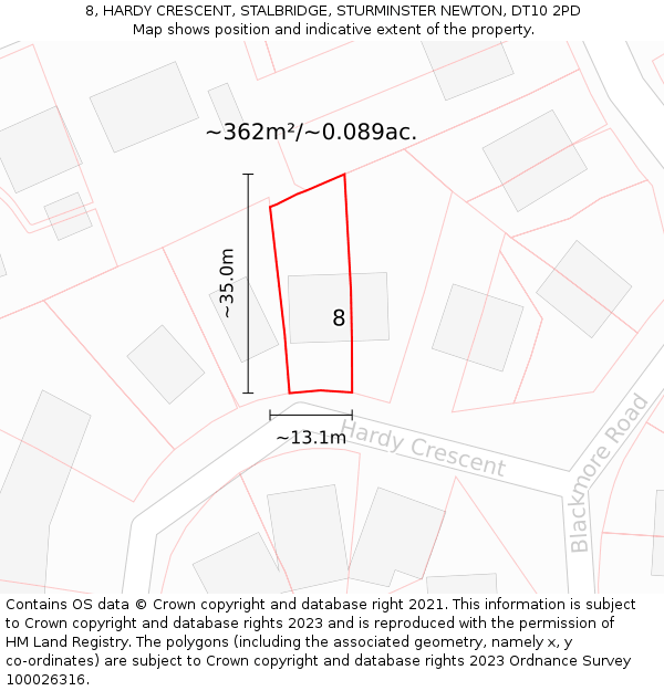 8, HARDY CRESCENT, STALBRIDGE, STURMINSTER NEWTON, DT10 2PD: Plot and title map