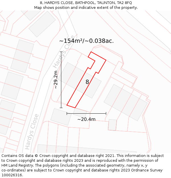 8, HARDYS CLOSE, BATHPOOL, TAUNTON, TA2 8FQ: Plot and title map