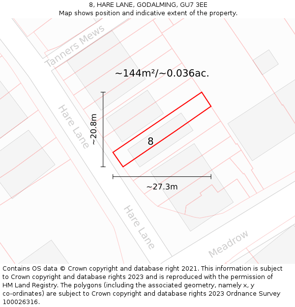 8, HARE LANE, GODALMING, GU7 3EE: Plot and title map