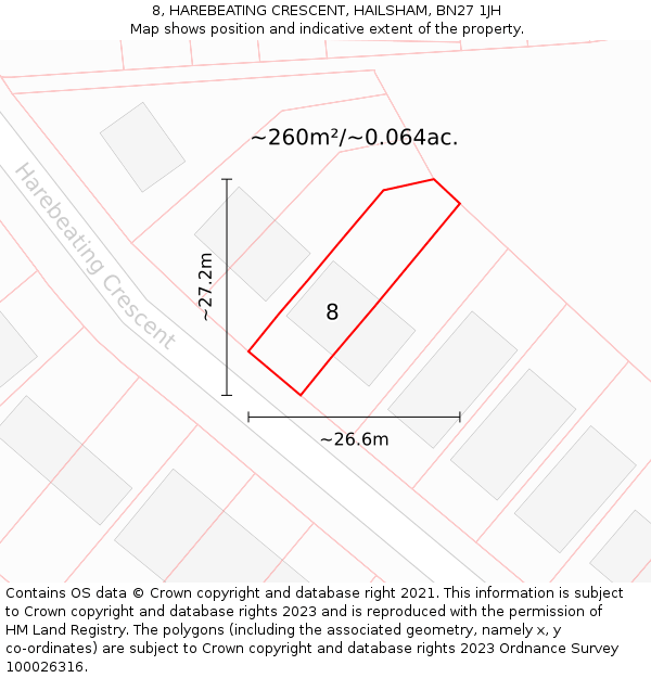 8, HAREBEATING CRESCENT, HAILSHAM, BN27 1JH: Plot and title map