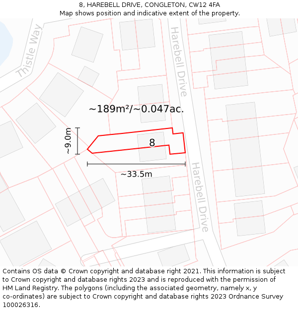 8, HAREBELL DRIVE, CONGLETON, CW12 4FA: Plot and title map