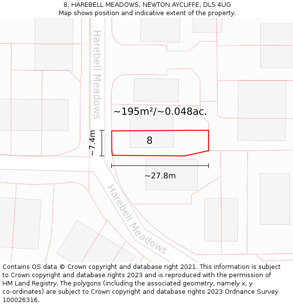 8, HAREBELL MEADOWS, NEWTON AYCLIFFE, DL5 4UG: Plot and title map