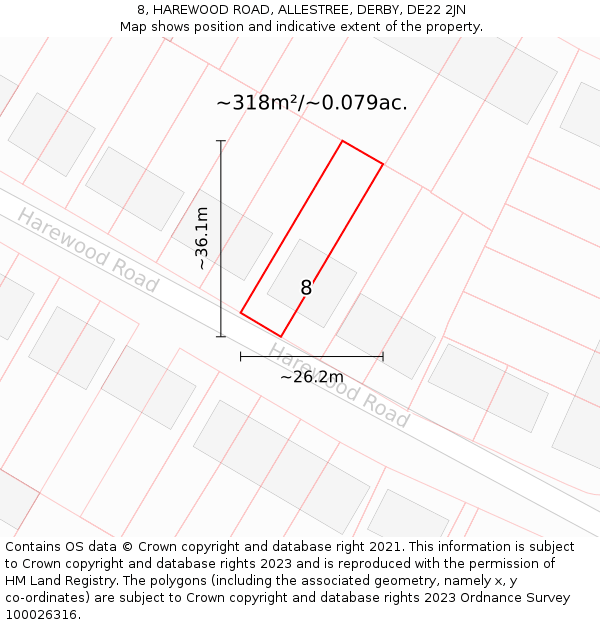 8, HAREWOOD ROAD, ALLESTREE, DERBY, DE22 2JN: Plot and title map