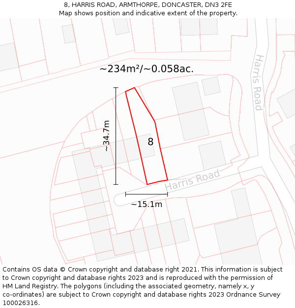 8, HARRIS ROAD, ARMTHORPE, DONCASTER, DN3 2FE: Plot and title map
