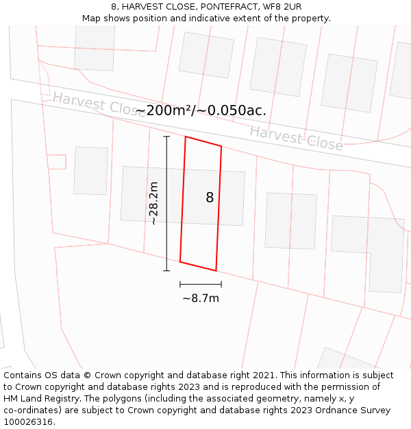 8, HARVEST CLOSE, PONTEFRACT, WF8 2UR: Plot and title map
