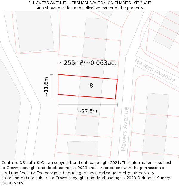 8, HAVERS AVENUE, HERSHAM, WALTON-ON-THAMES, KT12 4NB: Plot and title map