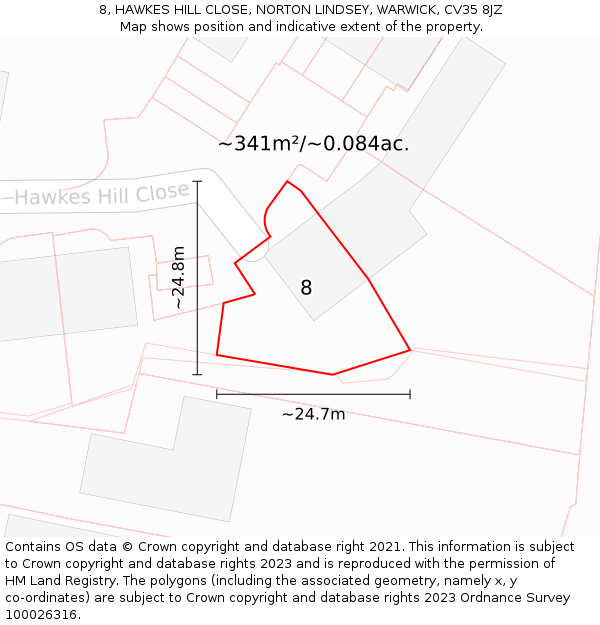 8, HAWKES HILL CLOSE, NORTON LINDSEY, WARWICK, CV35 8JZ: Plot and title map