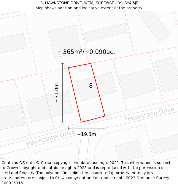 8, HAWKSTONE DRIVE, WEM, SHREWSBURY, SY4 5JB: Plot and title map