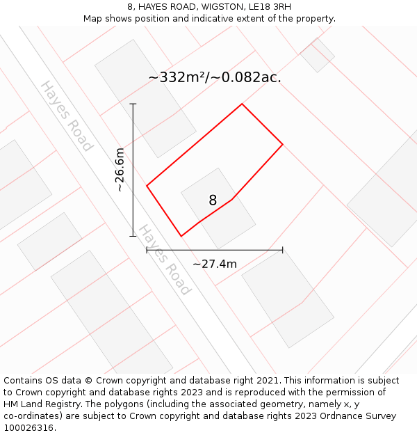 8, HAYES ROAD, WIGSTON, LE18 3RH: Plot and title map