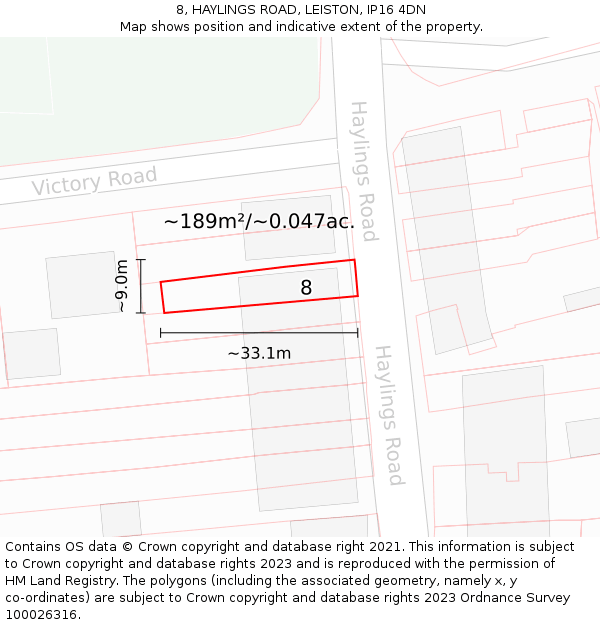 8, HAYLINGS ROAD, LEISTON, IP16 4DN: Plot and title map