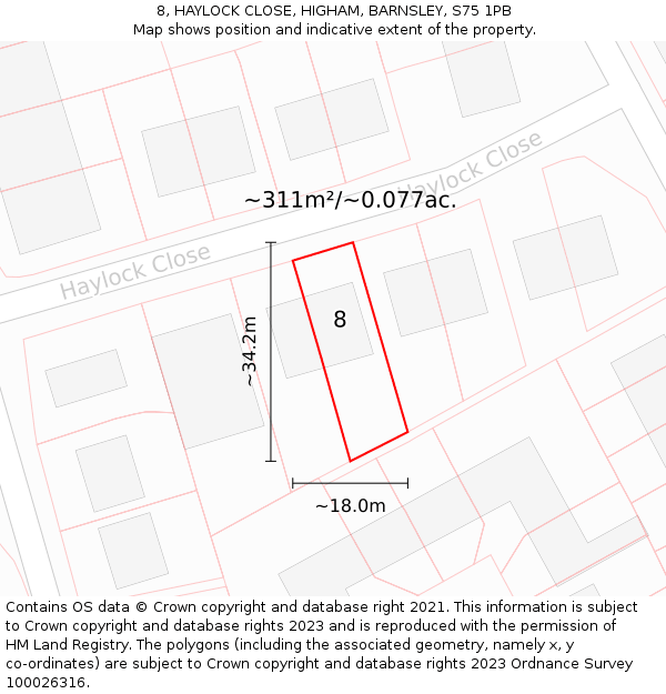 8, HAYLOCK CLOSE, HIGHAM, BARNSLEY, S75 1PB: Plot and title map