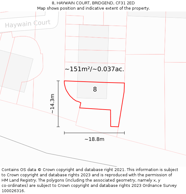 8, HAYWAIN COURT, BRIDGEND, CF31 2ED: Plot and title map