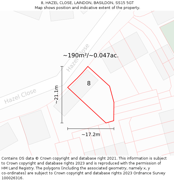 8, HAZEL CLOSE, LAINDON, BASILDON, SS15 5GT: Plot and title map