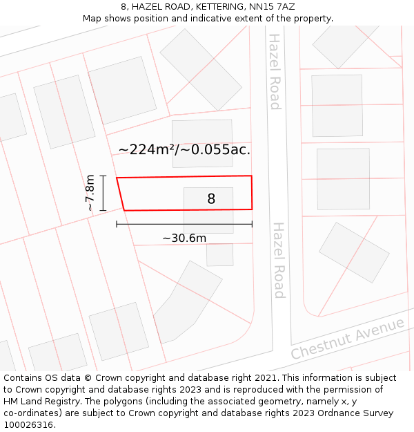 8, HAZEL ROAD, KETTERING, NN15 7AZ: Plot and title map