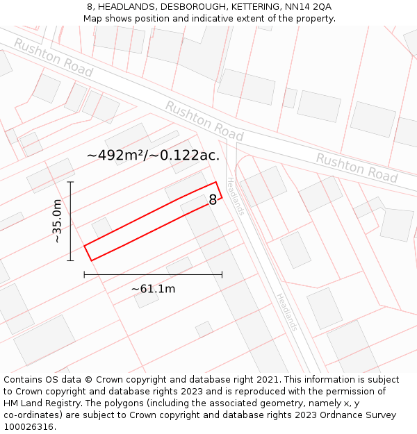 8, HEADLANDS, DESBOROUGH, KETTERING, NN14 2QA: Plot and title map