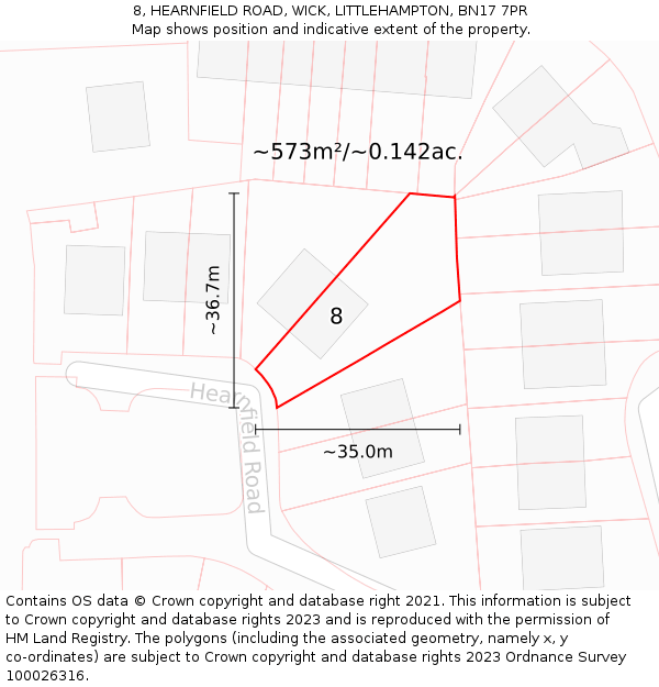 8, HEARNFIELD ROAD, WICK, LITTLEHAMPTON, BN17 7PR: Plot and title map