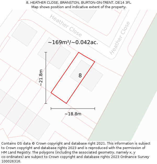8, HEATHER CLOSE, BRANSTON, BURTON-ON-TRENT, DE14 3FL: Plot and title map