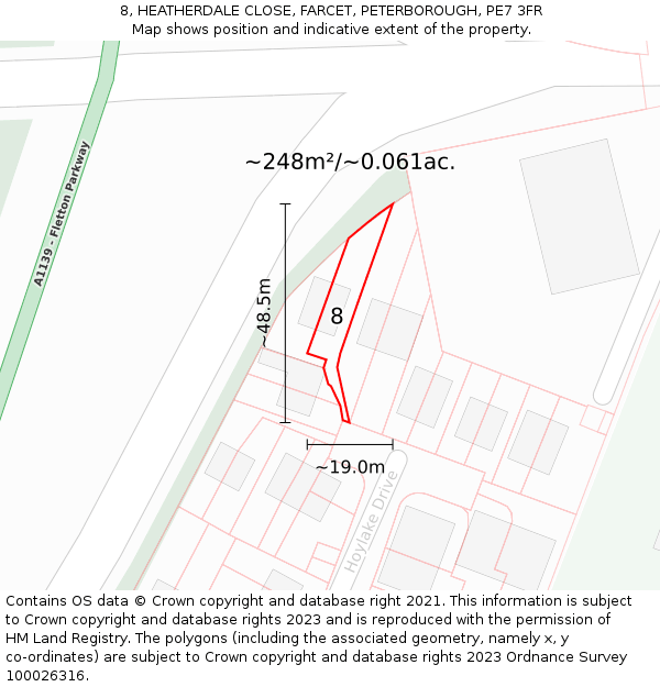 8, HEATHERDALE CLOSE, FARCET, PETERBOROUGH, PE7 3FR: Plot and title map