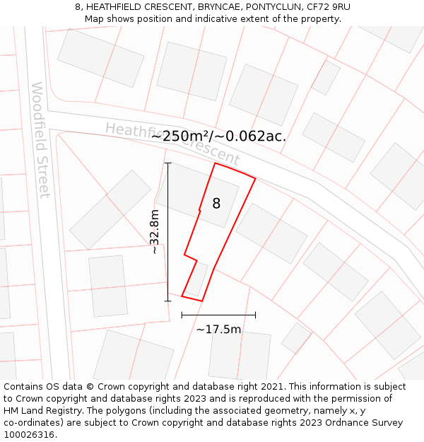 8, HEATHFIELD CRESCENT, BRYNCAE, PONTYCLUN, CF72 9RU: Plot and title map