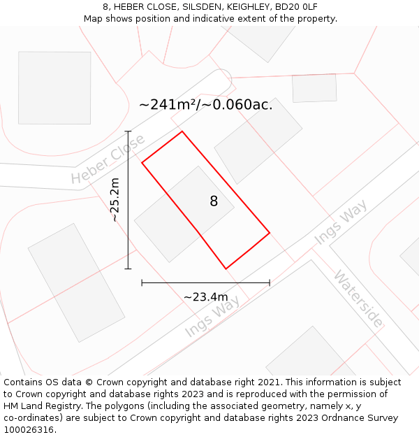 8, HEBER CLOSE, SILSDEN, KEIGHLEY, BD20 0LF: Plot and title map