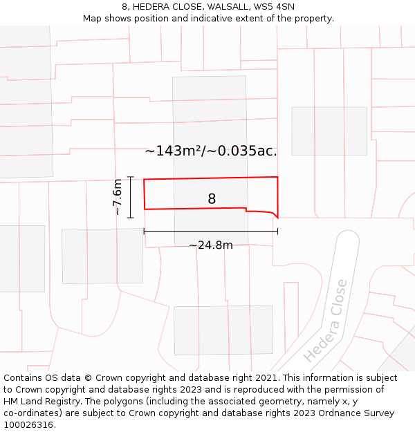 8, HEDERA CLOSE, WALSALL, WS5 4SN: Plot and title map