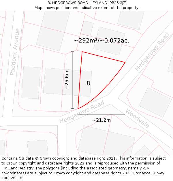 8, HEDGEROWS ROAD, LEYLAND, PR25 3JZ: Plot and title map