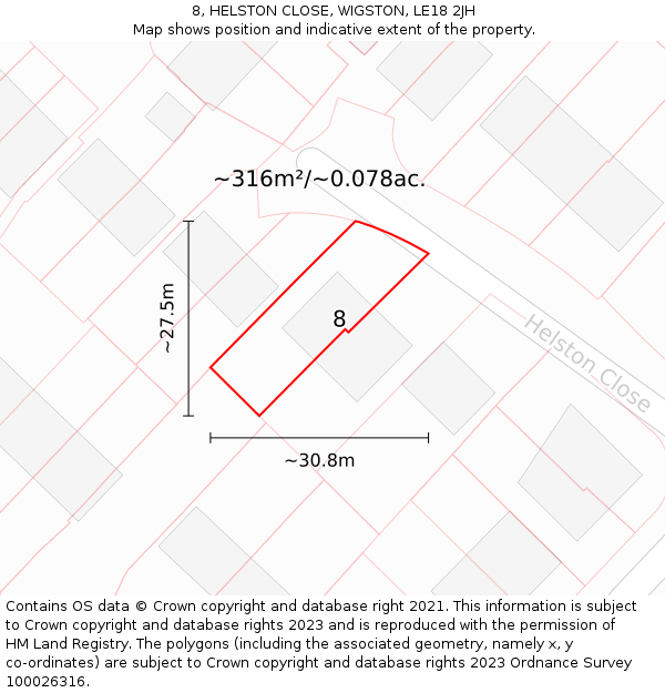 8, HELSTON CLOSE, WIGSTON, LE18 2JH: Plot and title map