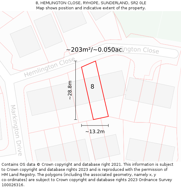 8, HEMLINGTON CLOSE, RYHOPE, SUNDERLAND, SR2 0LE: Plot and title map